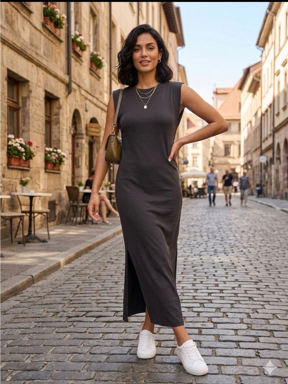 Vince Shoulder Pad Side-Slit Midi Dress - Black